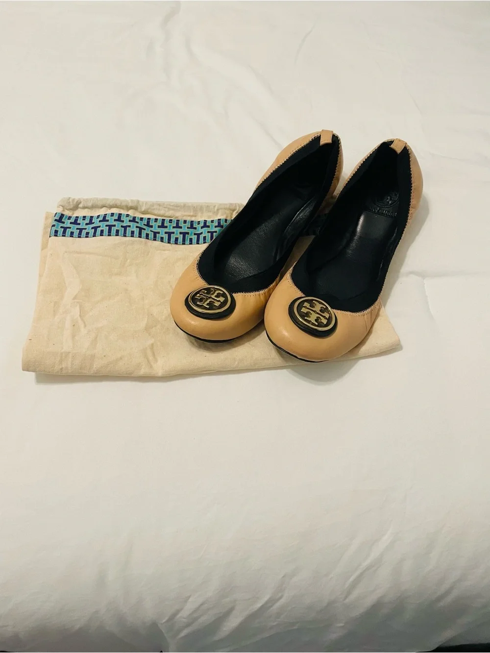 Tory Burch Beige Leather Logo Ballet Flats